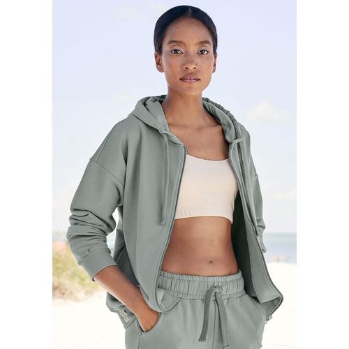 Sweatjacke LASCANA, Damen, Gr. 40/42, grün (salbeigrün), Sweatware, Obermaterial: 100% Baumwolle, Strukturmuster, unifarben, Basic, Basic hüftbedeckend, Langarm breiter Bund, Sweatjacken, aus organischer Baumwolle, Loungewear