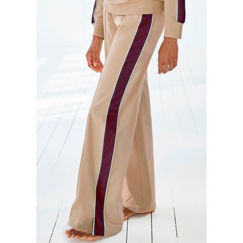 Sweathose S.OLIVER, Damen, Gr. 40/42, N-Gr, beige (sand), Obermaterial: 95% Baumwolle, 5% Elasthan, unifarben mit Farbeinsatz, modisch, bequem normal, Hosen, Loumngehose mit Kontraststreifen und Pipings, Loungewear