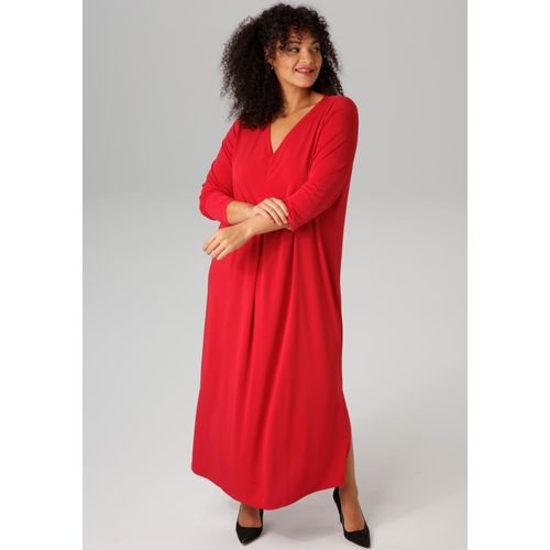 Maxikleid ANISTON PLUS, Damen, Gr. 48, N-Gr, rot, Single Jersey, Obermaterial: 95% Polyester, 5% Elasthan, unifarben, leicht glänzend, casual, figurumspielend knöchelfrei, V-Ausschnitt, Langarm, Kleider, mit raffinieren Seitenschlitzen - NEUE KOLLEKTION