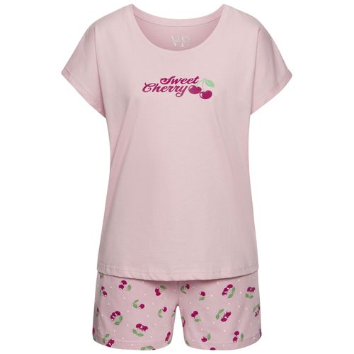 Shorty VIVANCE DREAMS, Damen, Gr. 44/46, rosa (rosa, gemustert), Single Jersey, Obermaterial: 100% Baumwolle, gemustert, modisch, bequem kurz, Rundhals, Kurzarm angeschnitten, Homewear-Sets, Shorty mit schönem Frontprint