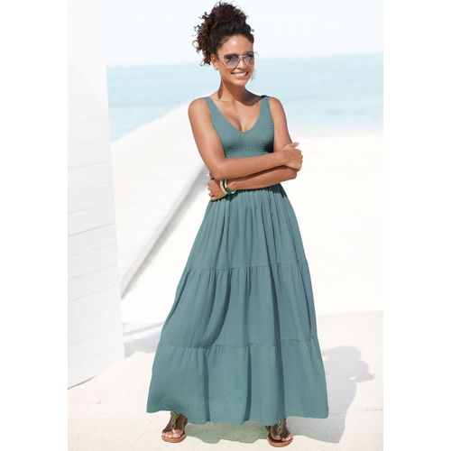 Maxikleid BEACHTIME, Damen, Gr. 38, N-Gr, braun (eukalyptus), Web, Obermaterial: 100% Baumwolle, unifarben, casual, figurumspielend knöchellang, V-Ausschnitt, ohne Ärmel, Kleider, aus gewebter Baumwolle, Sommerkleid mit gestuftem Rock