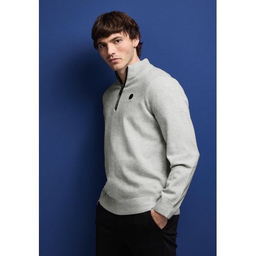 Stehkragenpullover STREET ONE MEN, Herren, Gr. XL (44), grau (frost grau melange), Stoff, 37% Polyacryl, 28% Polyester, 25% Wolle, 10% Lyocell, unifarben, casual, normal normal, hoch geschlossener Ausschnitt, Langarm Bündchen, Pullover, mit Materialmix