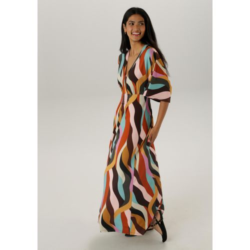 Maxikleid ANISTON SELECTED, Damen, Gr. 48, N-Gr, bunt (braun, rose, türkis, flieder, terra, camel, beige, anthra, schwarz), Single Jersey, Obermaterial: 95% Viskose, 5% Elasthan, gemustert, bedruckt, modisch, lässig geschnitten lang, V-Ausschnitt, 3/4-Ärmel weit, Kleider, mit weiten, 3/4-langen Ärmeln - NEUE KOLLEKTION