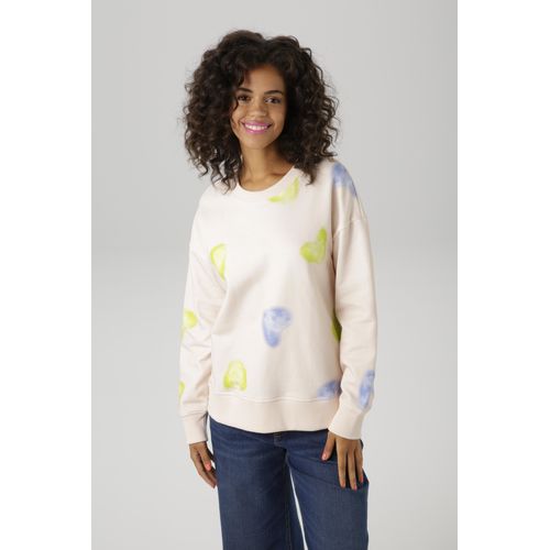 Sweatshirt ANISTON CASUAL Gr. 38, hellbeige-neongrün-hellgrün-blau-hellblau Damen Sweatshirts mit Batik-Herzen bedruckt - NEUE KOLLEKTION