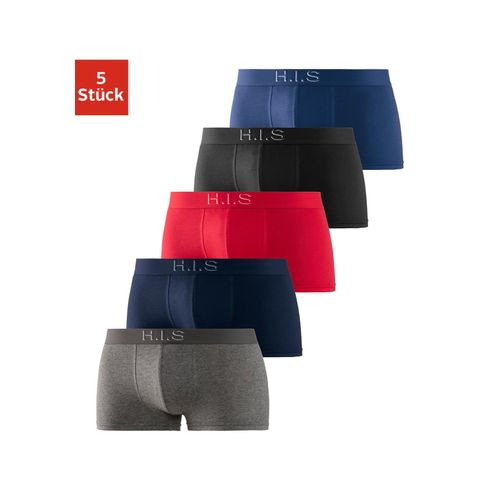 Hipster H.I.S Gr. M, bunt (grau, meliert, schwarz, navy, rot, blau), Herren, Jersey, Obermaterial: 95% Baumwolle, 5% Elasthan, unifarben, Unterhosen, knapp sitzende Boxershorts am Webbund mit Logoschriftzug mit 3D Effekt