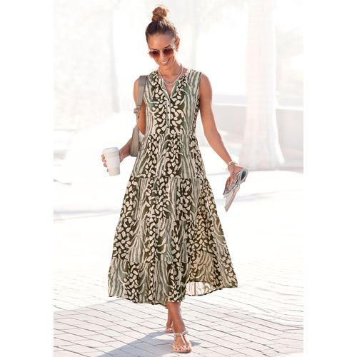 Maxikleid LASCANA, Damen, Gr. 38, N-Gr, grün (grün, taupe, bedruckt), Web, Obermaterial: 100% Viskose, bedruckt, animal-print, modisch, figurumspielend lang, Rundhals, ohne Ärmel, Kleider, mit Animalprint und Knopfleiste, Sommerkleid, Strandkleid, Topseller