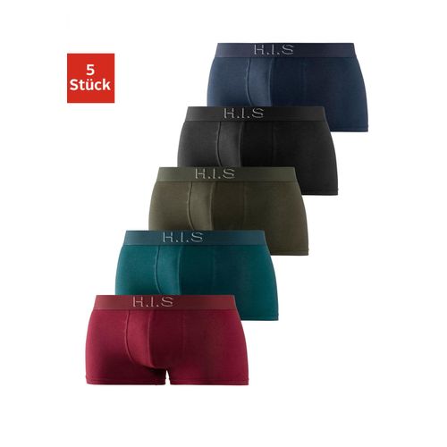 Hipster H.I.S Gr. S, bunt (petrol, bordeaux, schwarz, olivgrün, navy), Herren, Jersey, Obermaterial: 95% Baumwolle, 5% Elasthan, unifarben, Unterhosen, knapp sitzende Boxershorts am Webbund mit Logoschriftzug mit 3D Effekt