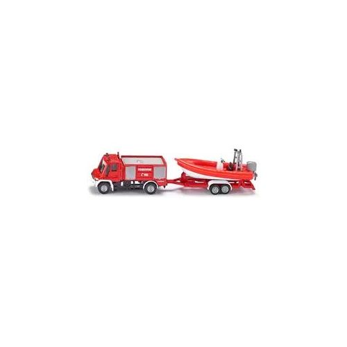 Siku Modellauto Unimog Feuerwehr mit Boot 1636 - Maßstab 1:87, Metall, Rettungsboot, Gravuren