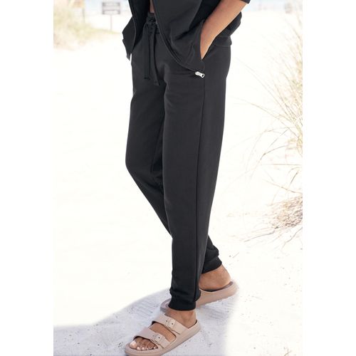 Sweathose LASCANA, Damen, Gr. 36/38, N-Gr, schwarz, Sweatware, Obermaterial: 100% Baumwolle, bestickt, unifarben, casual, bequem normal, Hosen, aus organischer Baumwolle, Loungewear