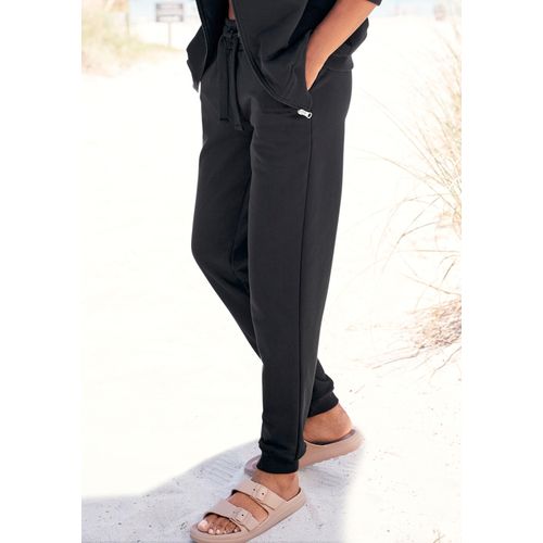 Sweathose LASCANA, Damen, Gr. 32/34, N-Gr, schwarz, Sweatware, Obermaterial: 100% Baumwolle, bestickt, unifarben, casual, bequem normal, Hosen, aus organischer Baumwolle, Loungewear