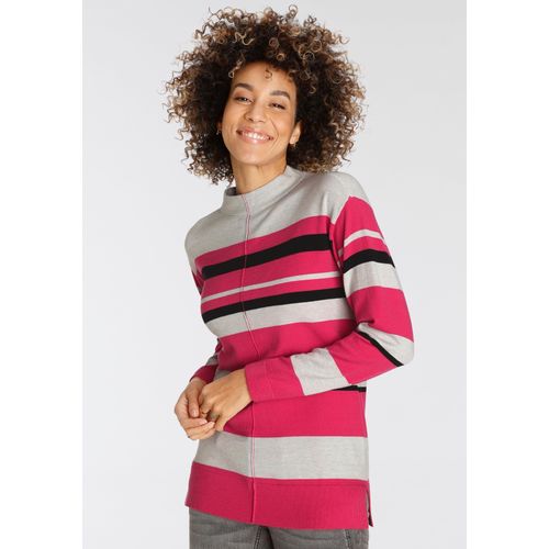 Stehkragenpullover BOYSEN'S, Damen, Gr. 40/42 (M), pink (hellgrau melange, pink), Feinstrick, Obermaterial: 50% Viskose, 28% Polyester, 22% Polyamid, gestreift, geringelt, casual, figurumspielend hüftbedeckend, Langarm Rippbündchen, Pullover, im modischen Farbverlauf - NEUE KOLLEKTION