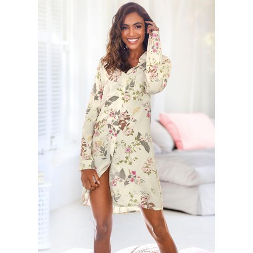 Nachthemd LASCANA, Damen, Gr. 36/38, N-Gr, beige (ecru geblümt), Single Jersey, Obermaterial: 50% Baumwolle, 50% Viskose, geblümt, klassisch, bequem kurz, Langarm eingesetzt Manschette, Kleider, mit klassischem Hemdkragen