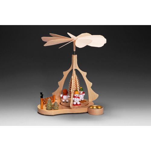 Weihnachtspyramide ALBIN PREISSLER "Tischpyramide - Schneemänner, Weihnachtsdeko", beige (natur, weiß), B:24cm H:26cm T:21cm, Massivholz, Weihnachtspyramiden