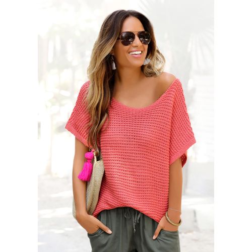 Kurzarmpullover LASCANA, Damen, Gr. 32/34, orange (koralle), Strick, Obermaterial: 100% Polyacryl, unifarben, casual, figurumspielend hüftlang, Rundhals, Kurzarm, Pullover, in luftigem Ajourstrick, Strickpullover, sommerlich