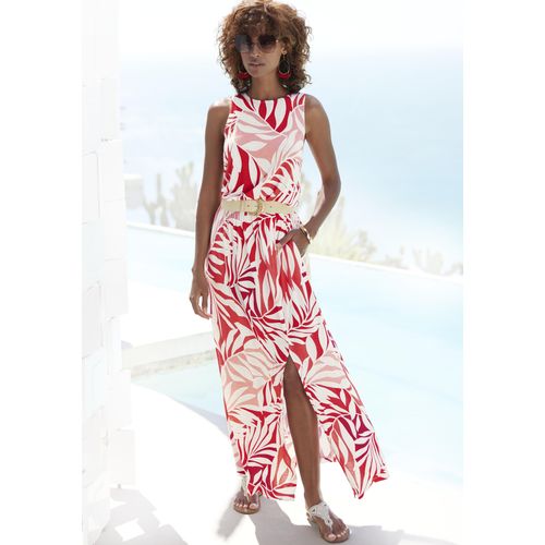 Maxikleid LASCANA, Damen, Gr. 42, N-Gr, rot (rot bedruckt), Jersey, Obermaterial: 100% Viskose, bedruckt, modisch, figurumspielend knöchellang, Rundhals, ohne Ärmel, Kleider, mit Alloverdruck und Schlitz, Jerseykleid, sommerlich-elegant