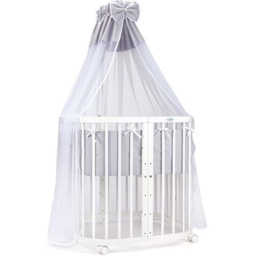 Mobiles Babybett aus Holz 7in1 mit Matratze, mitwachsend,Stoffe grau,Holz weiß