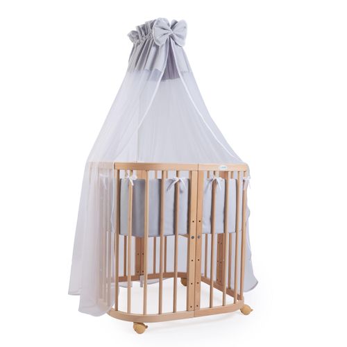 Mobiles Babybett aus Holz 7in1 mit Matratze, mitwachsend,Stoffe grau,Holz natur