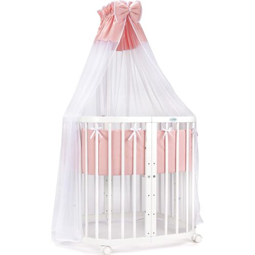 Mobiles Babybett aus Holz 7in1 mit Matratze, mitwachsend,Stoffe lachs,Holz weiß