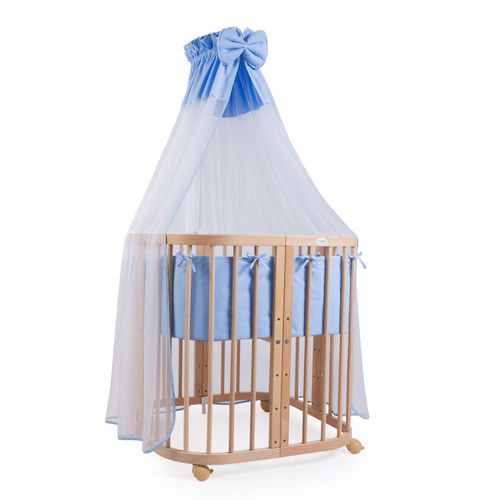 Mobiles Babybett aus Holz 7in1 mit Matratze, mitwachsend,Stoffe blau,Holz natur