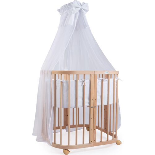 Mobiles Babybett aus Holz 7in1 mit Matratze, mitwachsend,Stoffe weiss,Holz natur