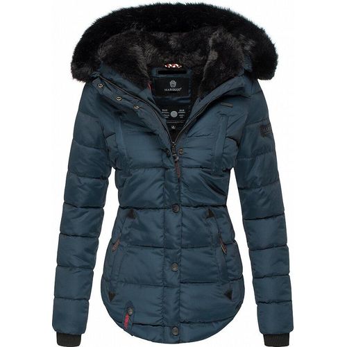 Marikoo Lotusblüte Damen Winter Steppjacke mit Kapuze Kunstfellbesatz Parka Mantel Jacke Navy Gr. 34 - XS