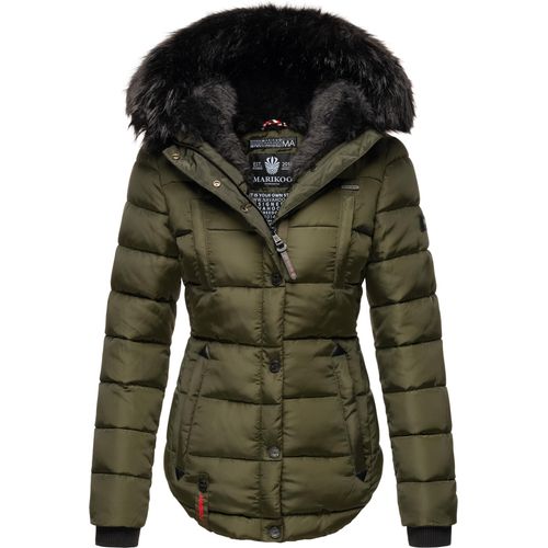 Marikoo Lotusblüte Damen Winter Steppjacke mit Kapuze Kunstfellbesatz Parka Mantel Jacke Olive Gr. 38 - M
