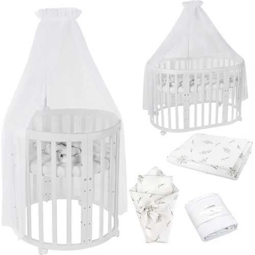 Mobiles Babybett OWAL aus Holz 7in1 mit Matratze, mitwachsend,Stoffe Weiß Zweige,Holz weiß