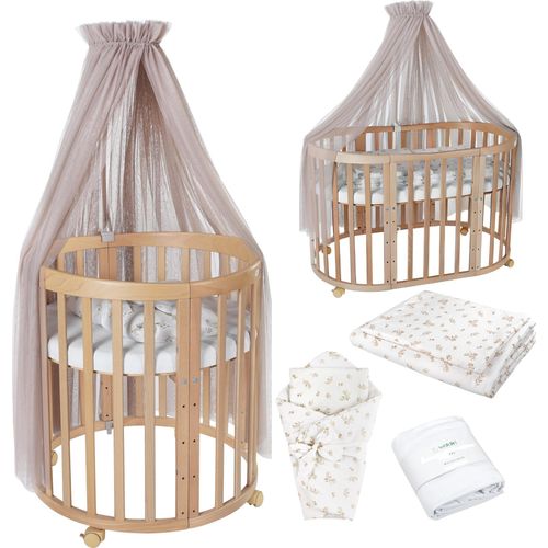 Mobiles Babybett OWAL aus Holz 7in1 mit Matratze, mitwachsend,Stoffe Taupe Zweige,Holz natur