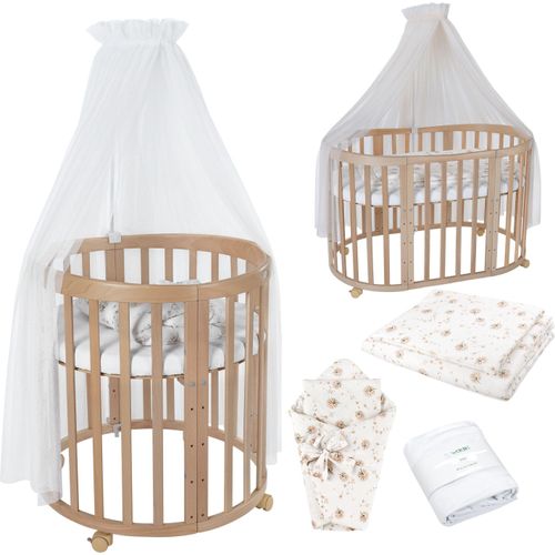 Mobiles Babybett OWAL aus Holz 7in1 mit Matratze, mitwachsend,Stoffe Weiß Löwenzahn,Holz natur