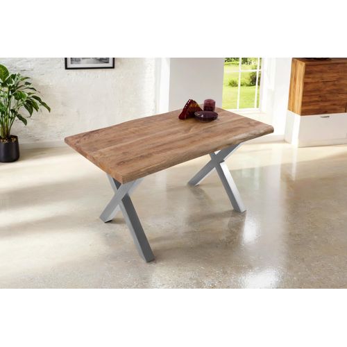 Refurbished Möbelretoure Esstisch Baumkante 160 x 85 cm Mangoholz Rough X-Gestell silber CALI