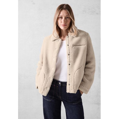 Fellimitatjacke CECIL, Damen, Gr. XXL (46), beige (teddy vanilleweiß), Stoff, 100% Polyester, unifarben, casual, gerade normal, V-Ausschnitt, Langarm Bündchen, Jacken, mit Knopfleiste