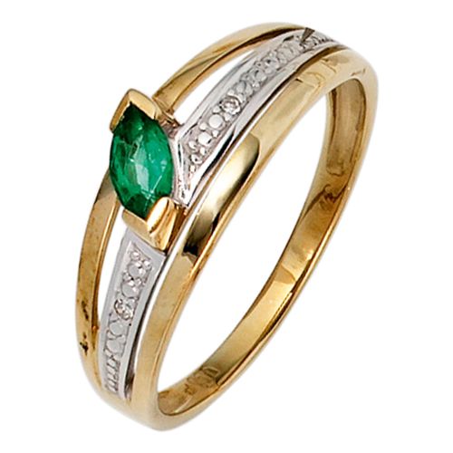 Diamantring JOBO Gr. 60, gelb (gelbgold 585), Fingerringe, Damen, 60, P1 = bei 10-facher Vergrößerung erkennbare Einschlüsse, Gelbgold 585-Diamanten, Gelbgold 585, Diamanten, 585 Gold bicolor mit 2 Diamanten und Smaragd
