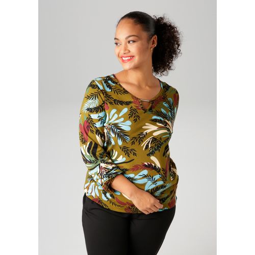 Langarmshirt ANISTON PLUS, Damen, Gr. 54, bunt (khaki, türkis, bordeaux, sand, schwarz, grün), Single Jersey, Obermaterial: 95% Viskose, 5% Elasthan, bedruckt, gemustert, modisch, figurumspielend Po-bedeckend, Rundhals, Langarm elastischer Bund mit Gummizug, Shirts, mit farbharmonischem, großflächigen Blätterdruck - NEUE KOLLEKTION
