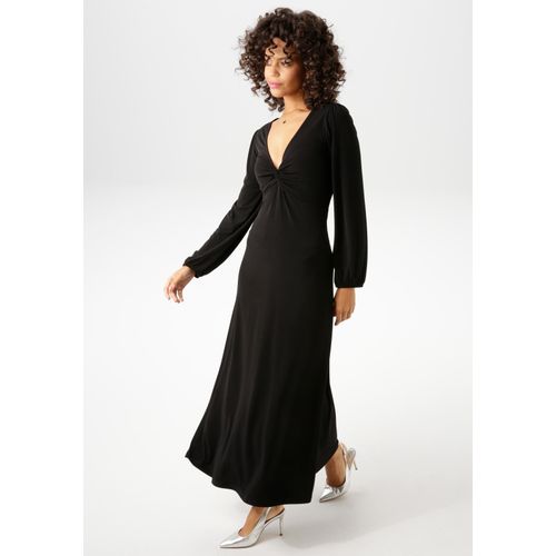 Maxikleid ANISTON CASUAL, Damen, Gr. 40, N-Gr, schwarz, Single Jersey, Obermaterial: 95% Polyester, 5% Elasthan, unifarben, leicht glänzend, feminin, figurbetont knöchelfrei, V-Ausschnitt, Langarm elastischer Bund mit Gummizug, Kleider, mit raffiniertem Knoten am Dekolleté - NEUE KOLLEKTION