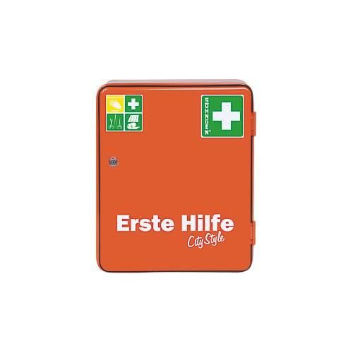 Verbandschrank HEIDELBERG, Stahlblech, Sicherheitsschloss, B 362 x T 140 x H 302 mm, ohne Inhalt, orange