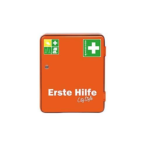 Verbandschrank HEIDELBERG, Stahlblech, Sicherheitsschloss, B 362 x T 140 x H 302 mm, Inhalt nach DIN 13157, orange