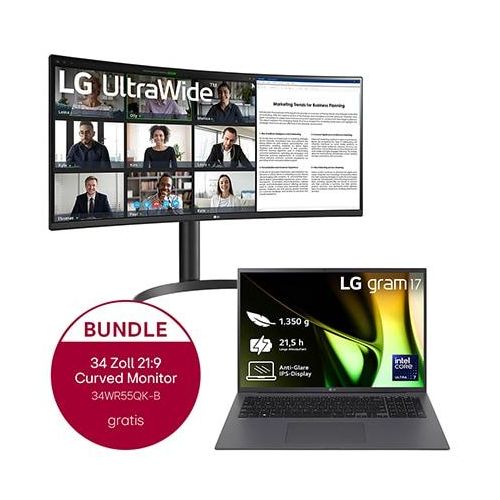 LG gram 17" Windows Notebook Intel Core Ultra 7, 16 GB RAM, 1 TB SSD, Windows 11, 16:10 IPSDisplay + 34" Curved UltraWide QHDBildschirm mit USBTyp C