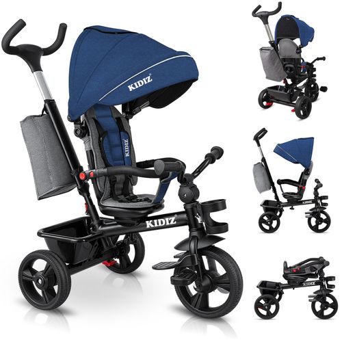 KIDIZ® Dreirad 5in1 Kinderdreirad mit Schubstange Lenksystem Stange ab 1 Jahr vorwärts und Rückwärtsfahrt Jogger , Korb Tasche Getränkehalter Sonnendach Gummiräder, Buggy Fahrrad Baby Klappbar