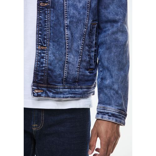 Jeansjacke STREET ONE MEN, Herren, Gr. XXL (56), blau (indigo blau random wash), Web, 68% Baumwolle, 30% Polyester, 2% Elasthan, unifarben, casual, gerade hüftlang, V-Ausschnitt, Langarm Bündchen, Jacken, mit Brusttaschen