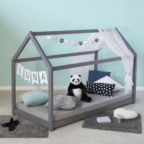 Homestyle4u Hausbett Kinderbett 90x200 Grau mit Lattenrost Kinder Bett Haus Holz Kiefer