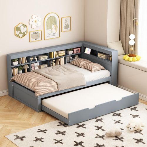 Schlafsofa 90x200, Bunk Bett Ausziehbett mit Stauraum / USB-Steckdose Mehreren Ablagefächern Gästebett Doppelbett mit Stauschrank/Lattenrost, Grau