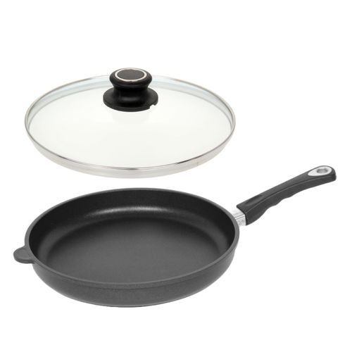 LOTUS GUSS-PFANNE Flach-Pfanne Ø 28cm, B 22cm, H 5,1cm Griff abnehmbar + Deckel