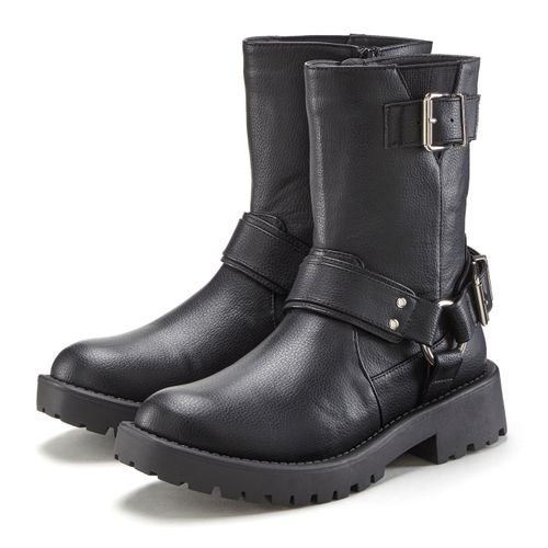 Bikerboots LASCANA, Damen, Gr. 37, schwarz, Obermaterial: 100% Lederimitat. Futter: 100% Lederimitat. Decksohle: 100% Lederimitat. Laufsohle: 100% Synthetik, unifarben, casual, Schuhe, mit trendigen Zierschnallen, Stiefel, Stiefelette