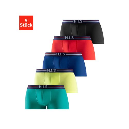 Hipster H.I.S, Herren, Gr. XL (7), bunt (grün, lime, blau, rot, schwarz), Jersey, Obermaterial: 95% Baumwolle, 5% Elasthan, unifarben, körpernah, Unterhosen, knapp sitzende Boxershorts mit Streifen aus Baumwollmischung