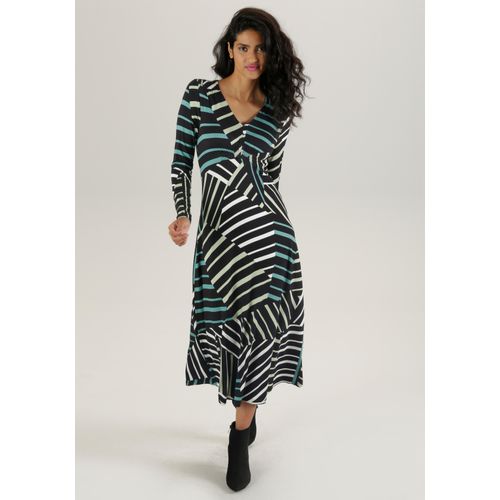 Midikleid ANISTON SELECTED, Damen, Gr. 44, N-Gr, grün (schwarz, weiß, lindgrün, seegrün), Single Jersey, Obermaterial: 95% Viskose, 5% Elasthan, bedruckt, gestreift, modisch, figurumspielend, V-Ausschnitt, Langarm, Kleider, mit Smok-Details und Streifendruck