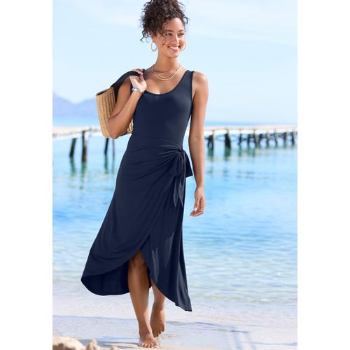 Strandkleid LASCANA, Damen, Gr. 36, N-Gr, blau (marine), Jersey, Obermaterial: 95% Viskose, 5% Elasthan, unifarben, casual, figurumspielend knieumspielend, Rundhals, ohne Ärmel, Kleider, mit Rock in Wickeloptik, Midikleid aus Jersey, Sommerkleid