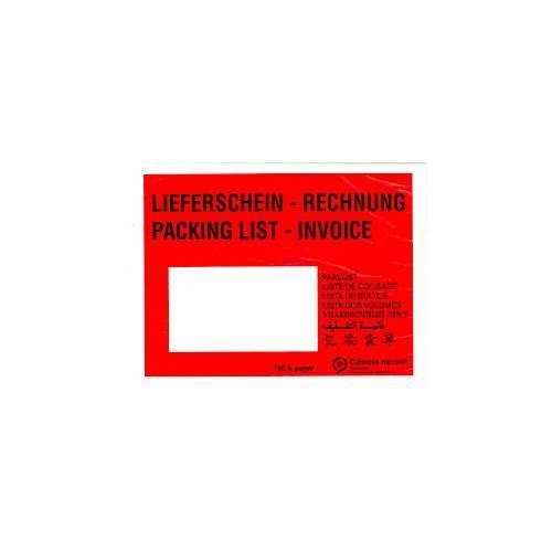 Papier-Dokumententasche/Lieferscheintasche SecurePack, C6, Fenster links, mit Aufdruck, selbstklebend, 100 % recycelbares Pergaminpapier, rot, 250 Stück