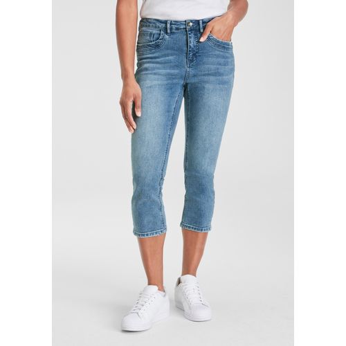 Caprijeans H.I.S, Damen, Gr. 38, N-Gr, blau (blau used 30), Denim/Jeans, Obermaterial: 98% Baumwolle, 2% Elasthan, modisch, schmal kniebedeckend, Jeans, schmale Beinform, krempelbare Beinabschlüsse, hohe Leibhöhe