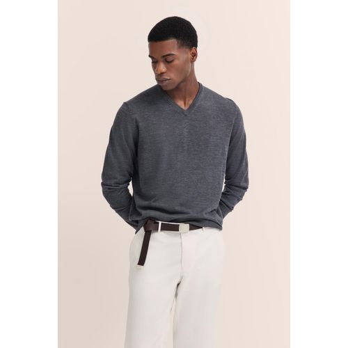 Rundhalspullover BUGATTI, Herren, Gr. L, grau (dunkelgrau), Sweatware, 100% Wolle, casual, regular fit, V-Ausschnitt, Langarm Rippbündchen, Pullover, aus feiner Merinowolle