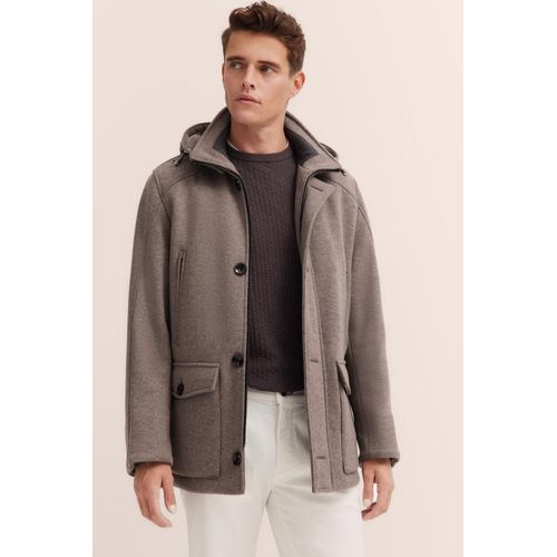 Langjacke BUGATTI, Herren, Gr. 52, grau (taupe), 49% Polyester, 40% Wolle, 11% Viskose, unifarben, casual, regular fit, Langarm gerader Abschluss, Jacken, mit Steppnähten